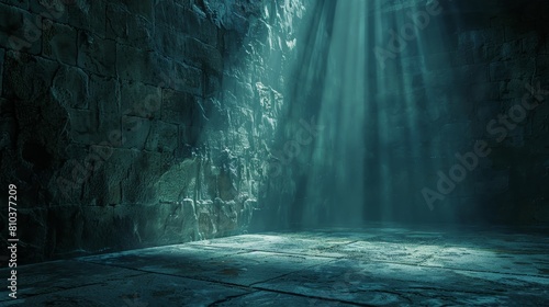 Detailed close-up of a dark dungeon room with a beam of light creating eerie shadows on the stone walls, emphasizing age and mystery