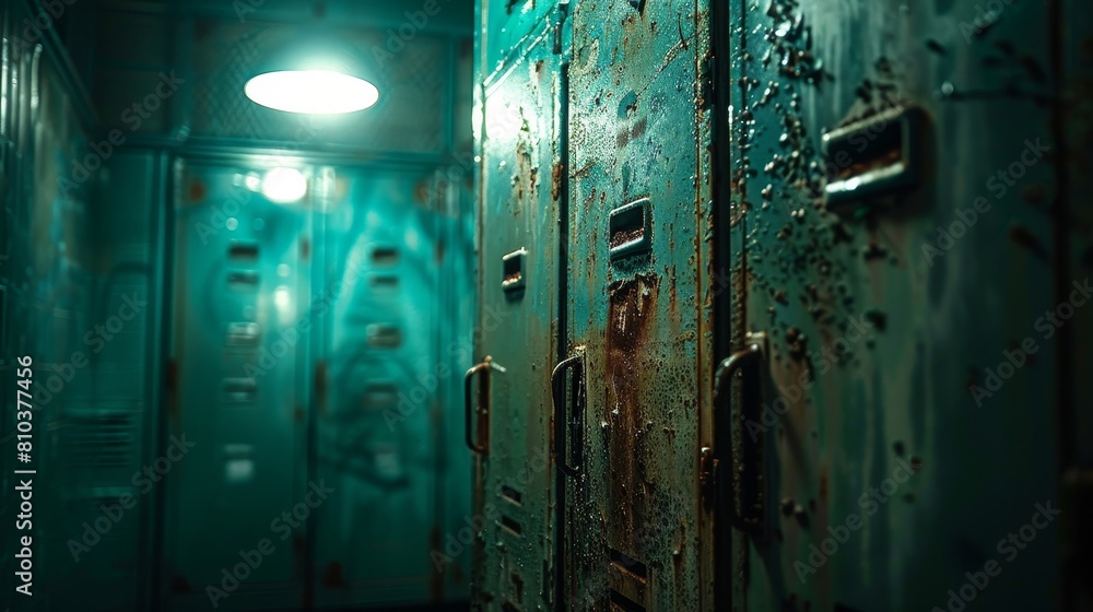 Close-up of a school locker cabinet transformed into a mysterious dungeon, shadows and eerie lighting adding to the nightmare atmosphere Close-up of a school locker cabinet transformed into a mysterious dungeon, shadows and eerie lighting adding to the nightmare atmosphere