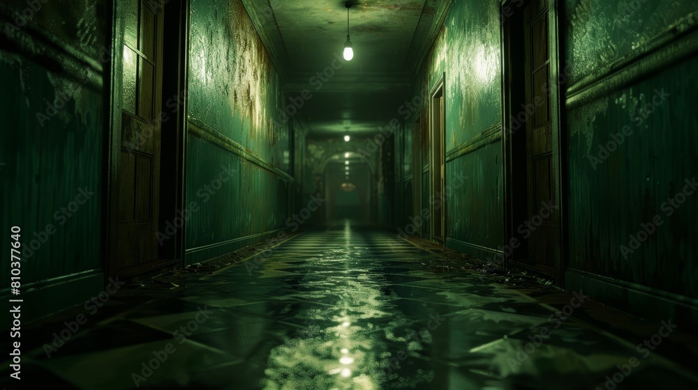 Close-up of a footpath through a dimly lit, dungeon-like school, evoking a mystical nightmare with twisted shadows Close-up of a footpath through a dimly lit, dungeon-like school, evoking a mystical nightmare with twisted shadows