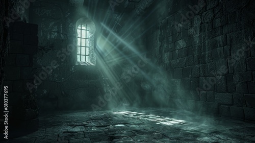 Close-up of a dark castle dungeon, a single beam of light illuminating the stone walls and casting eerie shadows across the floor photo