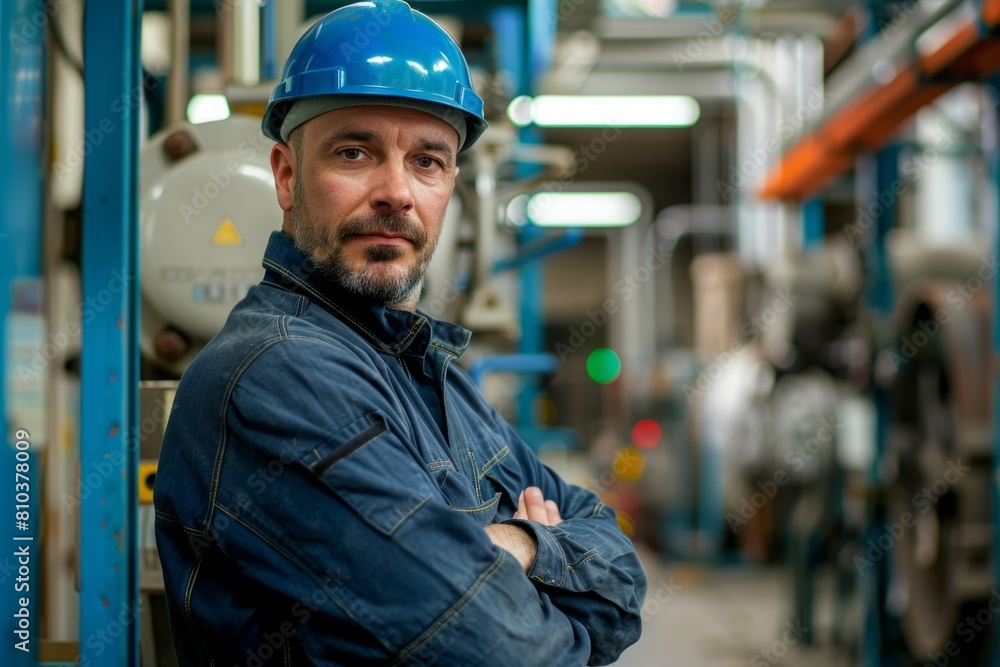 Portrait of manual man worker is standing with confident with blue working suite dress and safety helmet in front the glass wall of high technology clean industry factory. Portrait of manual man worker is standing with confident with blue working suite dress and safety helmet in front the glass wall of high technology clean industry factory.