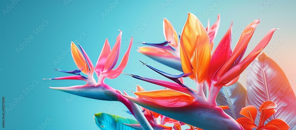Quarter view, Bird of Paradise flowers, ideal for ads with their vibrant colors on blue pastel