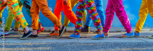 Close-up of feet wearing sneakers and colorful trousers.
