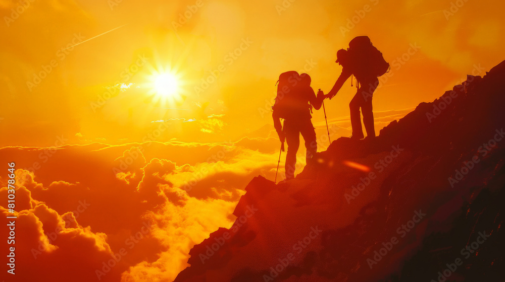 Silhouette of Hiker helping friend reach the mountain top