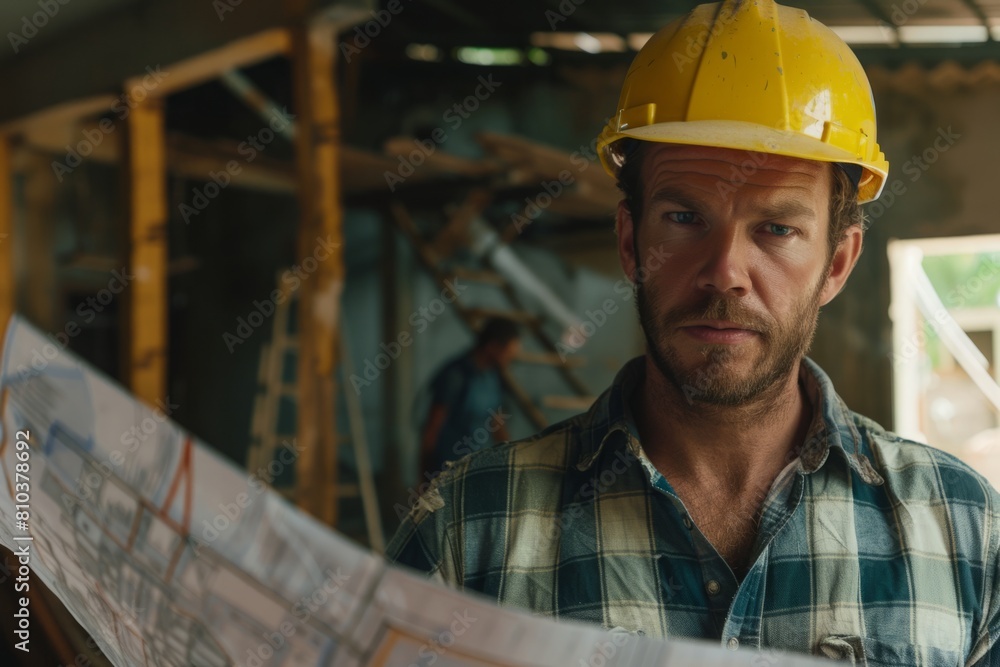A male engineer in a yellow helmet and a checkered shirt looks at the camera, holds documents in his hand. A male engineer in a yellow helmet and a checkered shirt looks at the camera, holds documents in his hand.