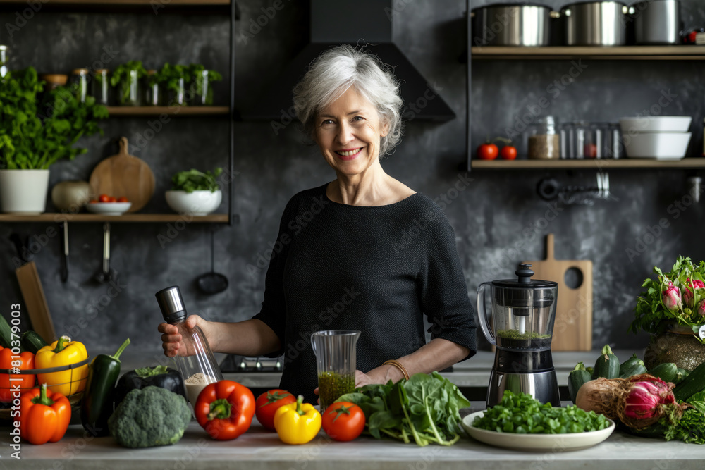 an eldery woman blending a herbal drink in minimalist kitchen full with vegetables. an eldery woman blending a herbal drink in minimalist kitchen full with vegetables.