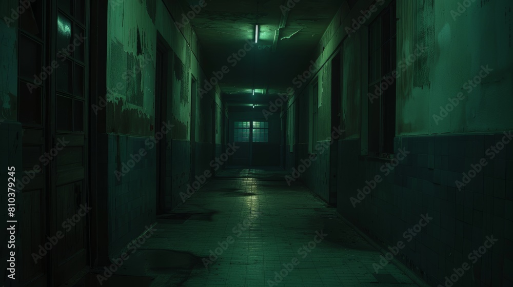 Intense close-up of a school hall reimagined as a nightmarish dungeon, dimly lit with long shadows and unsettling doorways