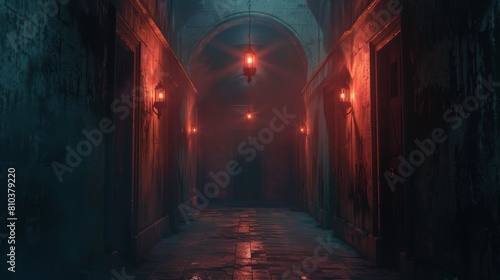 Intense close-up of a school hall reimagined as a nightmarish dungeon  dimly lit with long shadows and unsettling doorways