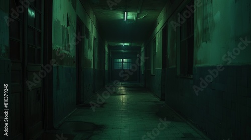 Intense close-up of a school hall reimagined as a nightmarish dungeon, dimly lit with long shadows and unsettling doorways