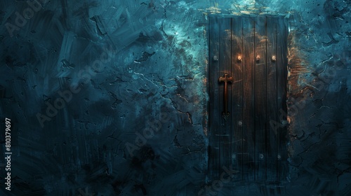 Haunting illustration of a dungeon wall with a close-up wooden door  glowing subtly to create a nightmare-like mystical setting