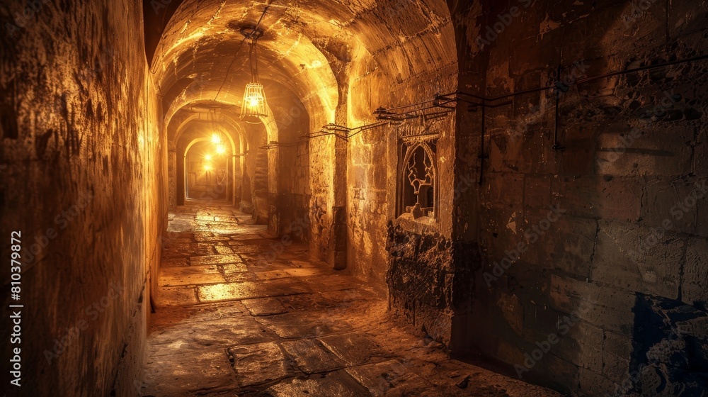 Grim corridor of medieval catacombs with torches burning, revealing deep shadows and eerie stone carvings on dungeon walls