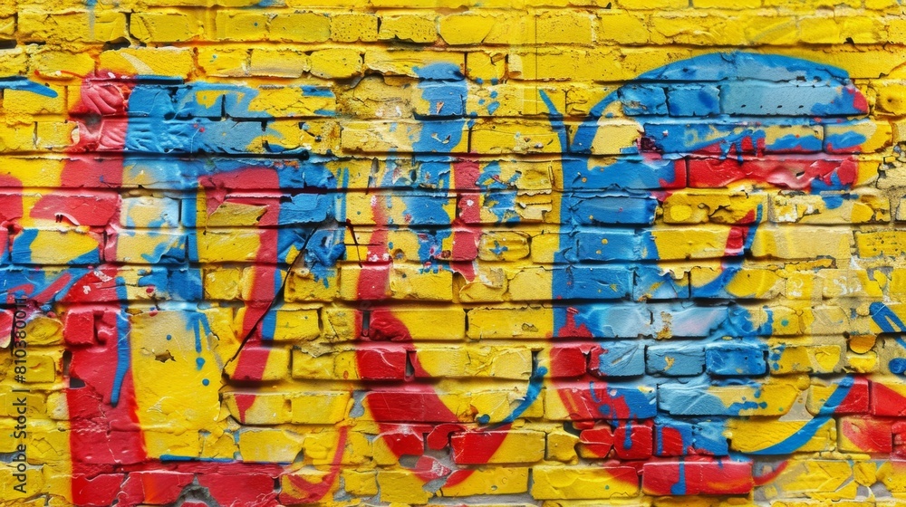 Graffiti street art design with colorful letters on a yellow brick wall background. Graffiti street art design with colorful letters on a yellow brick wall background.