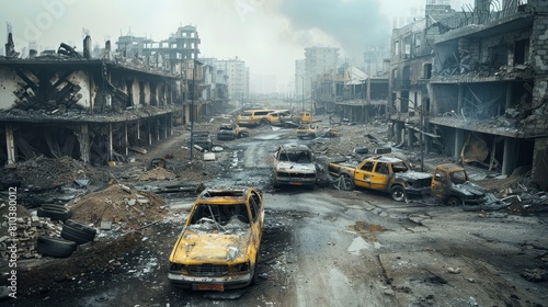 Focused image of a city laid to ruin, roads littered with burnt vehicles, buildings reduced to rubble in this apocalyptic scene photo