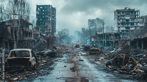 Focused image of a city laid to ruin, roads littered with burnt vehicles, buildings reduced to rubble in this apocalyptic scene photo