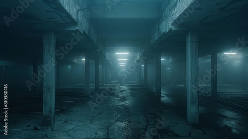Eerie, old-school parking structure with crumbling walls, dimly lit with fog, creating a dungeon-like mystical nightmare scene photo