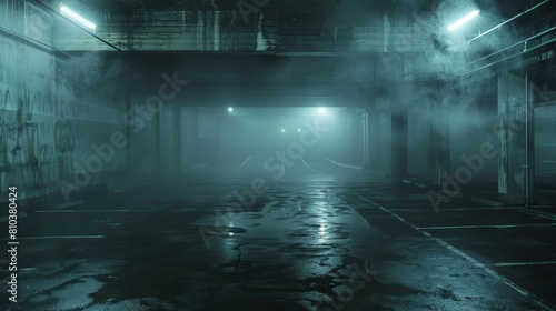 Eerie, old-school parking structure with crumbling walls, dimly lit with fog, creating a dungeon-like mystical nightmare scene