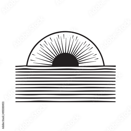 Sunrise with sea in cartoon, doodle style . Image for t-shirt, web, mobile apps and ui. Isolated 2d vector illustration in logo, icon, sketch style, Eps 10, black and white. AI Generative