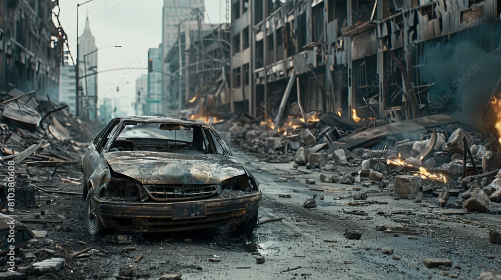 Devastated cityscape close-up, burnt cars among ruined roads and collapsed buildings, capturing the essence of post-apocalyptic destruction