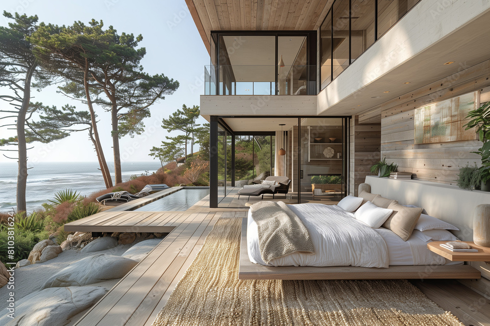 Minimalist Coastal Retreat with Light Wood Finishes and Modern Design, Illuminated by Warm Afternoon Light Minimalist Coastal Retreat with Light Wood Finishes and Modern Design, Illuminated by Warm Afternoon Light