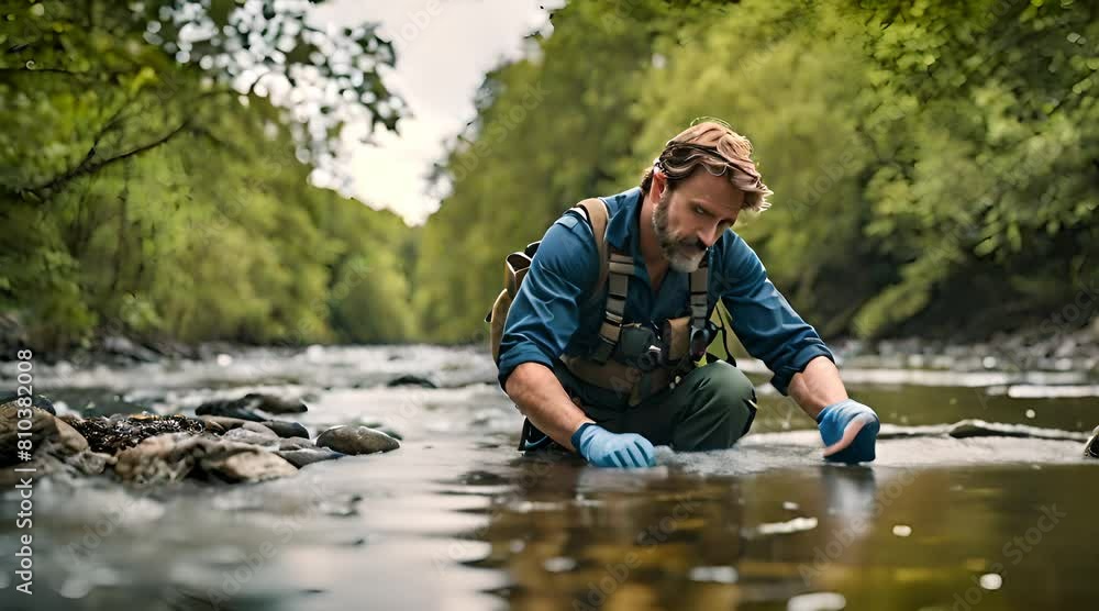 Biologin untersucht die Wasserqualität eines Flusses Biologin untersucht die Wasserqualität eines Flusses