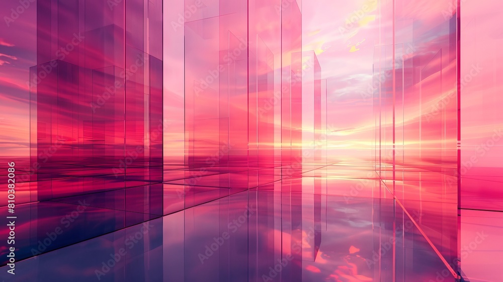 Modern abstract business background with polished, geometric forms under a radiant pink sky, reflecting futuristic business ideals