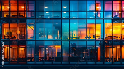 Modern colorful view of window frame. Abstract view of a building with huge windows. Minimal city view at night. Backdrop wallpaper. 