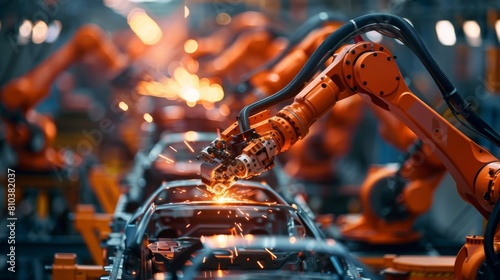 Modern factory close-up of an automated assembly line, featuring robotic arms constructing vehicles in high definition