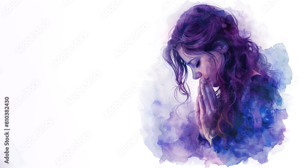 Purple watercolor paint of A girl bowing her head in prayer to God