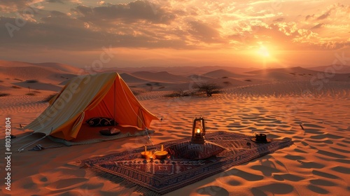camping in the middle of the desert on a sunset
