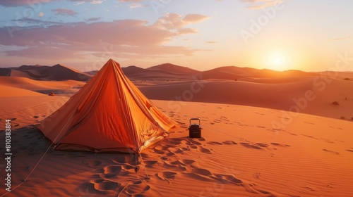 camping in the middle of the desert on a beautiful sunset photo