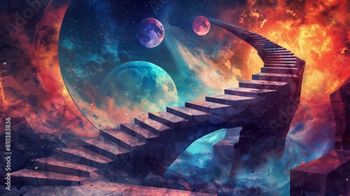 Mysterious staircase descends into a seemingly infinite void, Ai Generated photo