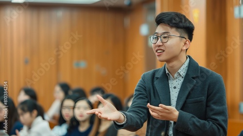The student is giving a presentation to the class. They are speaking clearly and confidently. The student is well-prepared and enjoys sharing their knowledge with others.