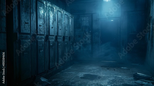 Intimate view of a school locker cabinet, its interior twisted into a mystical dungeon setting with eerie lighting and shadowy details photo