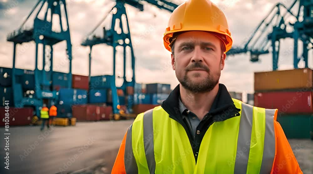 Arbeiter in Warnweste steht am Frachthafen