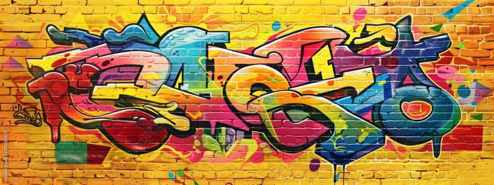 Graffiti street art design with colorful letters on a yellow brick wall background.