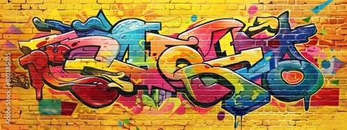 Wallpaper Mural Graffiti street art design with colorful letters on a yellow brick wall background. Torontodigital.ca