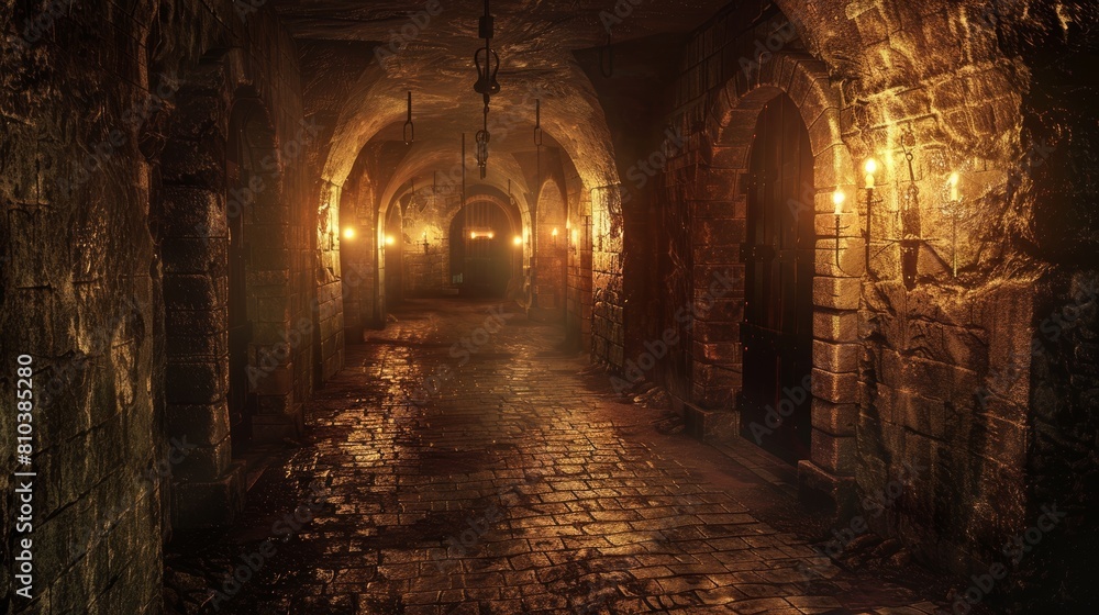 Intimate view of a labyrinthine medieval dungeon, lit by flickering torches casting long, ominous shadows along the passage Intimate view of a labyrinthine medieval dungeon, lit by flickering torches casting long, ominous shadows along the passage