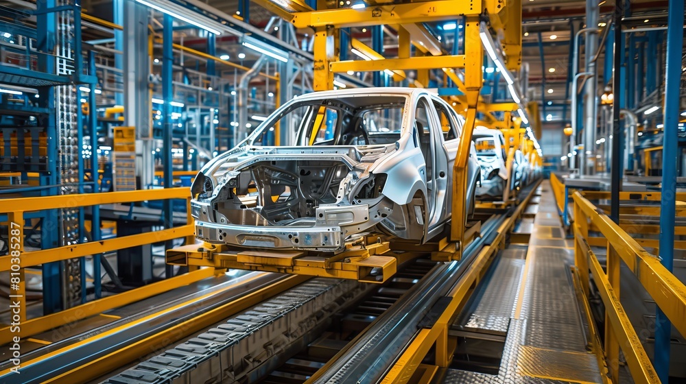 Intimate view of an automated assembly line in a modern car factory, focusing on high-definition details of vehicle manufacturing