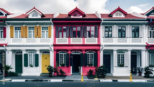 Traditional Peranakan shophouses adorned with vibrant colors photo