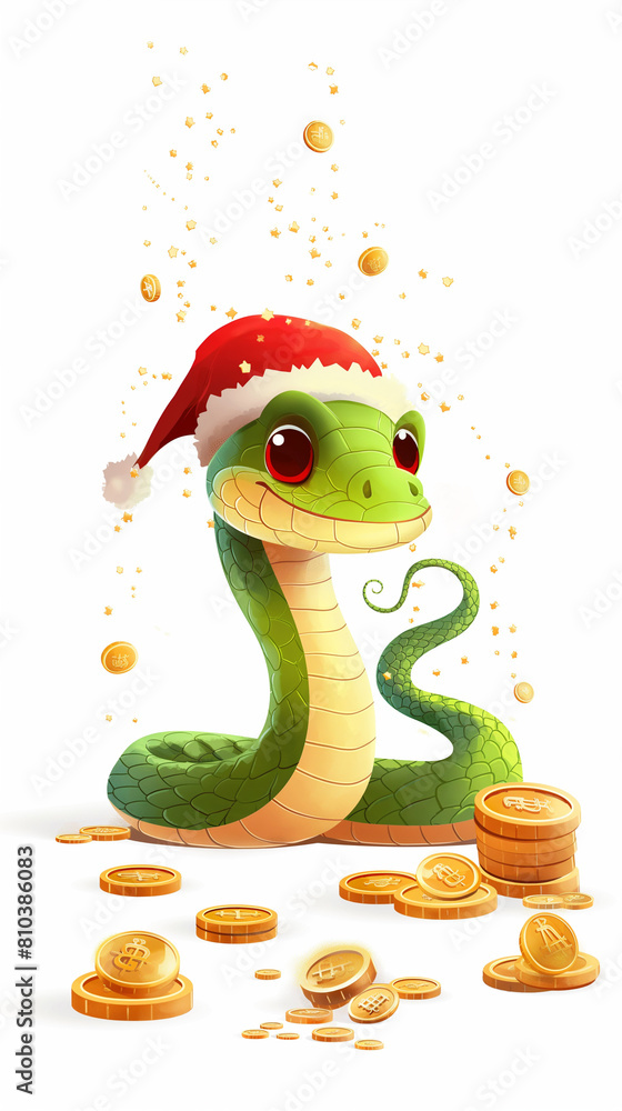 Obraz premium Happy smiling green snake in Santa hat surrounded by coins on white background with copy space. Symbol of the 2025 new year. Year of the Snake