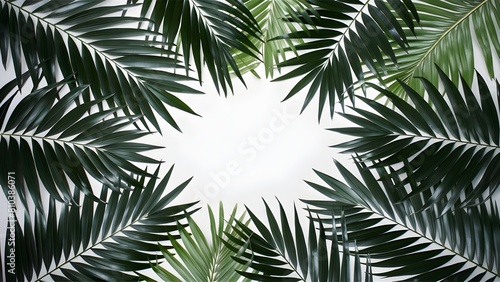 Tropical palm leaves in a lush and exotic arrangement against plain white background