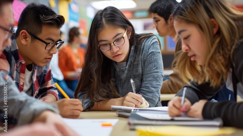 The student is working on a group project with their classmates. They are all working together and are helping each other. The student is a good team player and enjoys working with others.