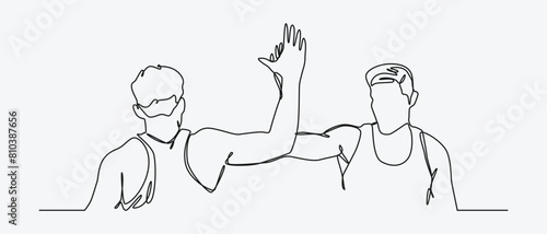 continuous line drawing of two men making a high-five gesture. concept of teamwork, success, friends. editable stroke. vector illustration.