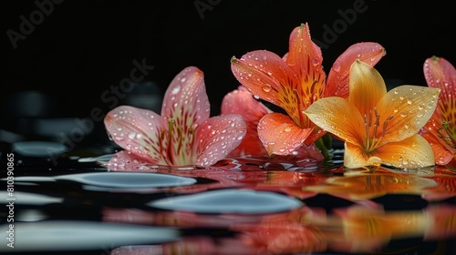 Vibrant Floral Reflection on Black Water with Selective Focus