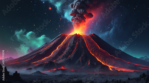 volcano, starry details, Starseed, Celestial esoterica, neon colors, realistic, ultra 8k resolution photo