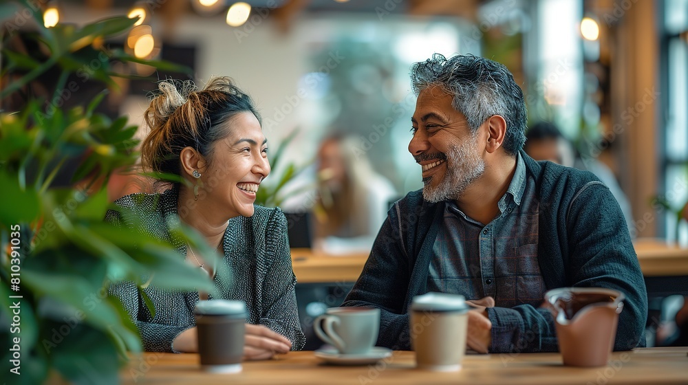 Two people in an office looking having coffee and talking to each other with a happy look Two people in an office looking having coffee and talking to each other with a happy look