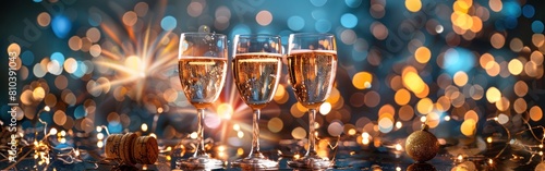 New Year's Eve Celebration: Sparkling Wine Toasts and Fireworks with Cube Background