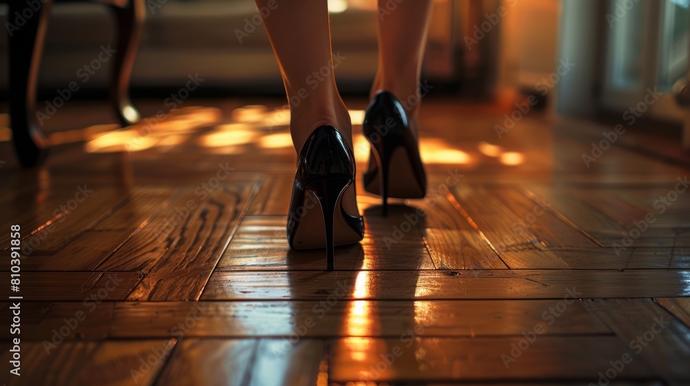 Fototapeta premium In this picture, only the legs of a woman wearing elegant black high heels stood on a wooden floor. Sunlight filtered in and cast shadows on the floor. Makes you feel confident and elegant, stylish, c
