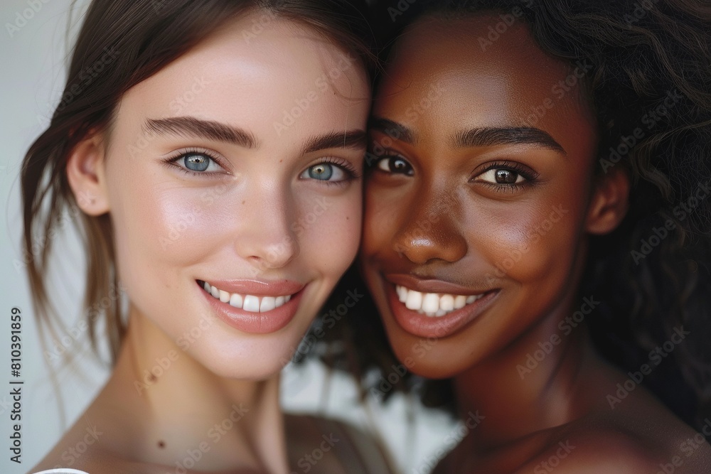Portrait of two cheerful multiethnic women. Beautiful women, flawless skin. Diverse friends. Portrait of two cheerful multiethnic women. Beautiful women, flawless skin. Diverse friends.