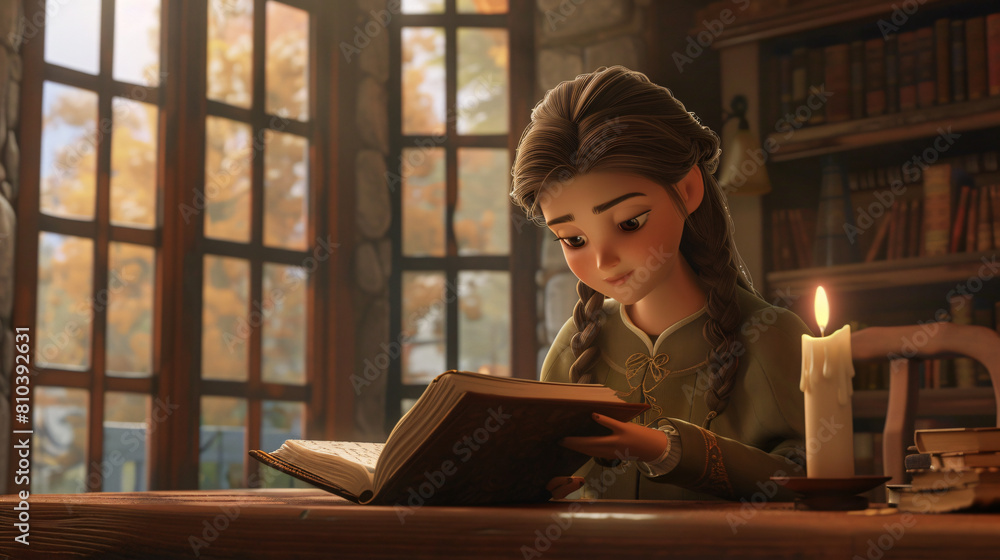 A young girl with brown hair in braids sits at the table and reads an old book, candlelight on the desk, warm light from outside through large windows. A young girl with brown hair in braids sits at the table and reads an old book, candlelight on the desk, warm light from outside through large windows.